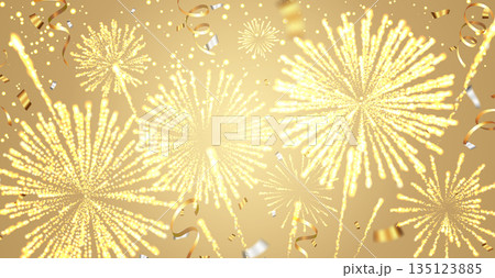 黄金の背景に弾ける花火と紙吹雪のイラスト背景 135123885