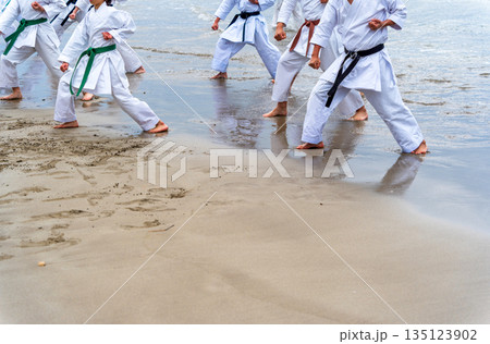 真冬の海岸で空手の寒稽古 135123902