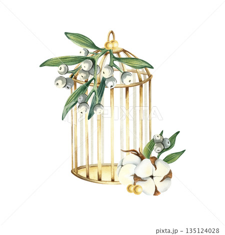 Christmas holly composition with Mistletoe, cotton and vintage golden birdcage. Traditional festive winter decoration with white berries, dry flowers. Watercolor illustration isolated from background Christmas holly composition with Mistletoe, cotton and vintage golden birdcage. Traditional festive winter decoration with white berries, dry flowers. Watercolor illustration isolated from background 135124028