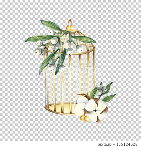 Christmas holly composition with Mistletoe, cotton and vintage golden birdcage. Traditional festive winter decoration with white berries, dry flowers. Watercolor illustration isolated from background Christmas holly composition with Mistletoe, cotton and vintage golden birdcage. Traditional festive winter decoration with white berries, dry flowers. Watercolor illustration isolated from background 135124028