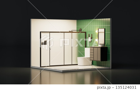 Isometric Cozy Modern Bathroom Interior with Green Tiles and Shower 135124031