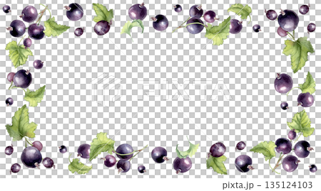 Watercolor frame border of purple berries and leaves isolated on white. Black currant hand painted for design elements, recipe card. Organic fresh berry and green leaf border with copy space. 135124103