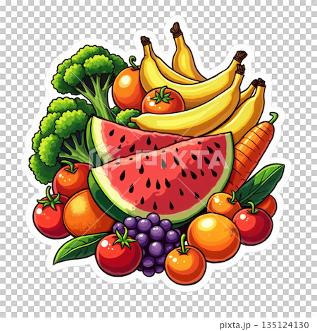 The composition includes watermelon slices, a bunch of grapes, whole and cut oranges and bananas 135124130