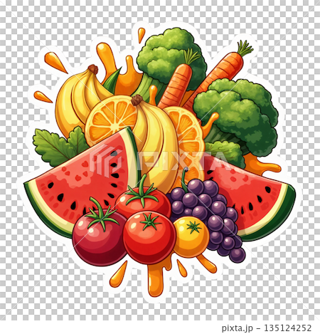 The image shows a bright cartoon illustration of an assortment of fresh fruits and vegetables, done in vector style 135124252