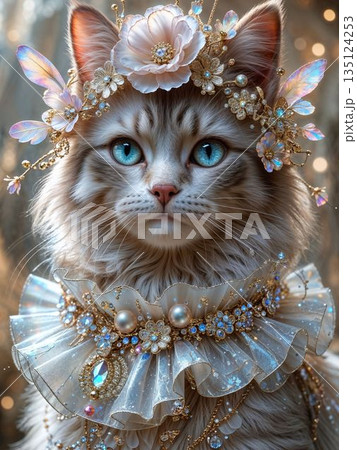 花冠をつけた猫のポートレートイラスト 花冠をつけた猫のポートレートイラスト 135124253