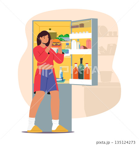 Female Character Struggling With Bulimia, Experiencing Cycles Of Binge Eating Followed By Purging Behaviors, Vector 135124273