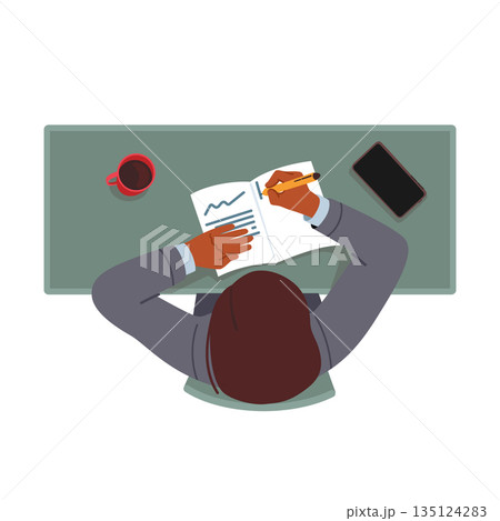 Male Character Sitting At Workplace In Office Writing In Diary, Making Notes Top View Isolated On White Background Male Character Sitting At Workplace In Office Writing In Diary, Making Notes Top View Isolated On White Background 135124283