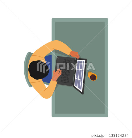 Male Character Sitting At Office Desk With Laptop And Coffee Cup Top View. Businessman Sit At Table Working On Notebook 135124284