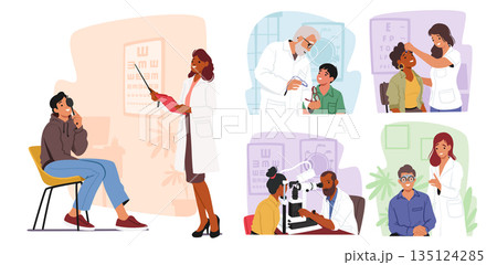 Set Ophthalmologist Doctor Check Eyesight for Eyeglasses Diopter. Oculist with Pointer Checkup Eye Sight Set Ophthalmologist Doctor Check Eyesight for Eyeglasses Diopter. Oculist with Pointer Checkup Eye Sight 135124285