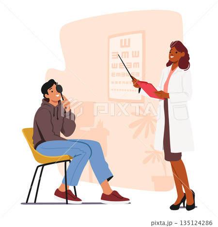 Ophthalmologist Doctor Check Up Patient Eyesight For Vision Correction. Oculist Character Conduct Eyecheck Optician Exam Ophthalmologist Doctor Check Up Patient Eyesight For Vision Correction. Oculist Character Conduct Eyecheck Optician Exam 135124286