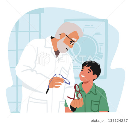 Senior Doctor Ophthalmologist Male Character Giving Eyeglasses to Little Boy. Vision Diseases Treatment and Diagnostics Senior Doctor Ophthalmologist Male Character Giving Eyeglasses to Little Boy. Vision Diseases Treatment and Diagnostics 135124287