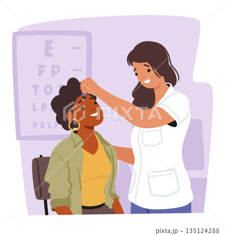 Doctor Female Character Dripping Drops in Patient Eye Suffering of DES, Dry Eyes Syndrome and Conjunctivitis Disease 135124288