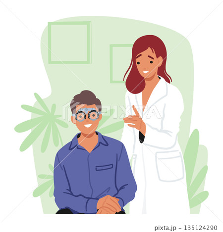 Ophthalmologist Doctor Check Up Patient Eyesight for Eyeglasses Diopter. Oculist Male Character Checkup Eye Sight 135124290