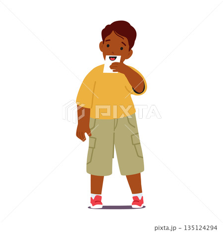 Little Boy Character Displays His Drawing Of The Mouth As Part Of A Project On The Human Five Sense Organs Concept 135124294