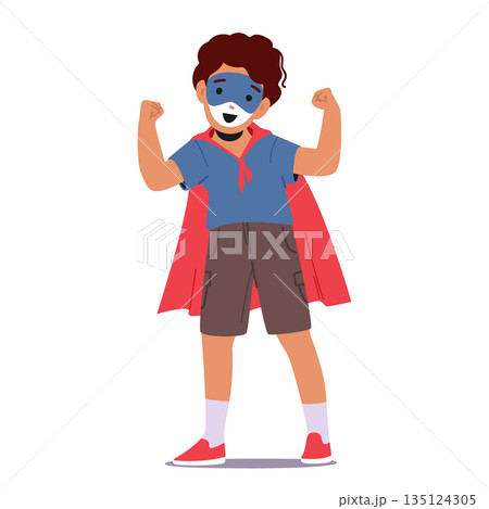 Young Child Boy Character With A Superhero-themed Painted Face, Exuding Excitement And Empowerment, Vector Illustration 135124305