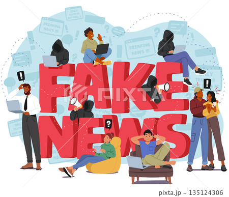 People And Fake News Concept. Characters Susceptible To Misinformation Due To Confirmation Bias, Vector Illustration 135124306