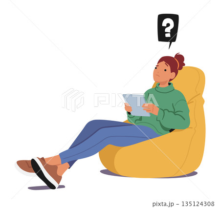 Disheartened Woman Scrolling Tablet, Encountering Fake News. Furrowed Brows And Disbelief Evident, Vector Illustration 135124308