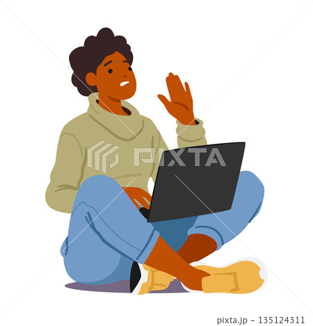 Woman Confidently Halts With A Stop Gesture, Focused On Her Laptop Displaying Fake News, Cartoon Vector Illustration 135124311