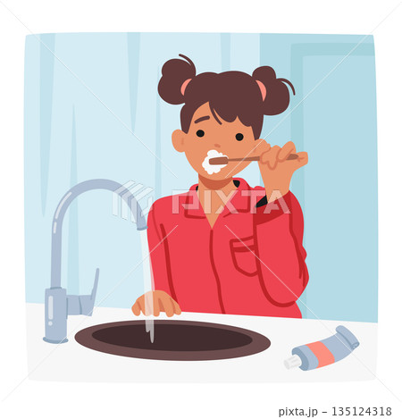 Young Girl Diligently Brushes Her Teeth, Toothbrush In Hand, Scrubbing Away To Maintain Her Oral Hygiene Routine 135124318