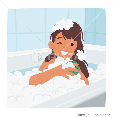 Little Girl Gleefully Lathering Body With Sponge In Bath, Surrounded By Gentle Bubbles, Making Bath Time Fun 135124322