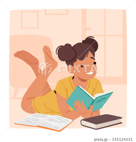 Young Girl Engrossed In Book. Little Child Character Reclining On The Floor. Her Rapt Expression And Relaxed Pose 135124331