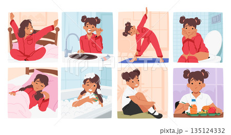 Little Girl Daily Routine. Character Wake Up, Brushes Teeth, Exercise, Eat Breakfast, Get Dressed, Munching School Lunch 135124332
