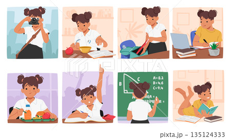 Girl Character School Day Routine. Student Putting Things into the Bag, Solve Task on Blackboard, Doing Homework 135124333