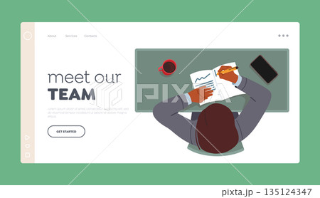 Meet our Team Landing Page Template. Male Character Sitting at Workplace in Office Writing in Diary, Making Notes 135124347
