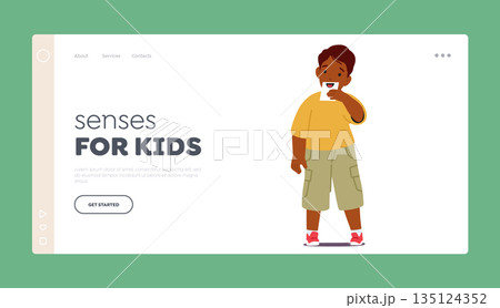 Senses for Kids Landing Page Template. Little Boy Character Displays His Drawing Of The Mouth. Human Five Sense Organs 135124352