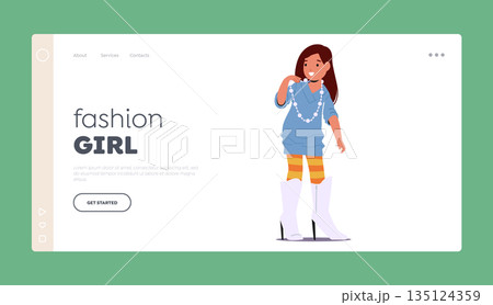 Fashion Girl, Childhood Landing Page Template. Little Girl Trying On Her Mother Boots on High Heels, Struggling To Walk Fashion Girl, Childhood Landing Page Template. Little Girl Trying On Her Mother Boots on High Heels, Struggling To Walk 135124359