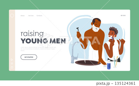 Raising Young Man Landing Page Template. Father And Son Share Shaving Experience. Adult Man and Teenager Characters Raising Young Man Landing Page Template. Father And Son Share Shaving Experience. Adult Man and Teenager Characters 135124361