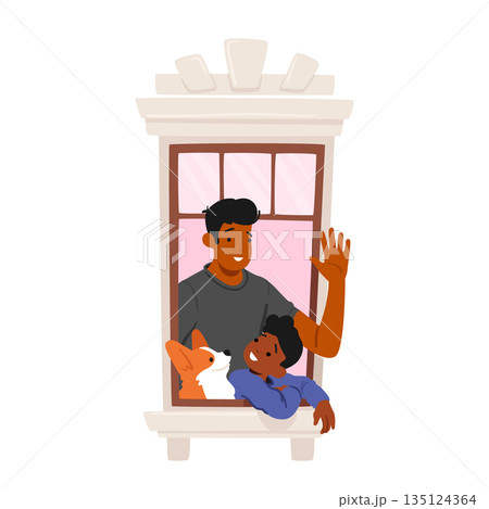 Heartwarming Scene, Father And Son Character, Their Faces Filled With Joy, Gazing Out A Window With Their Dog 135124364