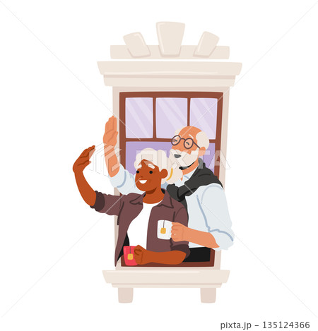 Senior Couple Characters, Bathed In Soft Sunlight, Enjoys A Peaceful Moment By An Open Window, Sipping Tea 135124366