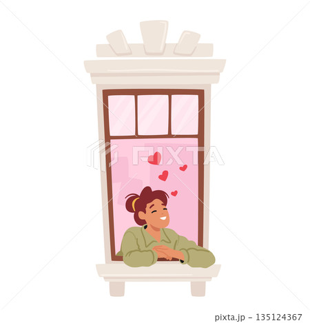 Young Woman Gazes Longingly Out Of Her Window, Her Eyes Filled With Dreams Of Love. Female Hopes For A Love Story 135124367