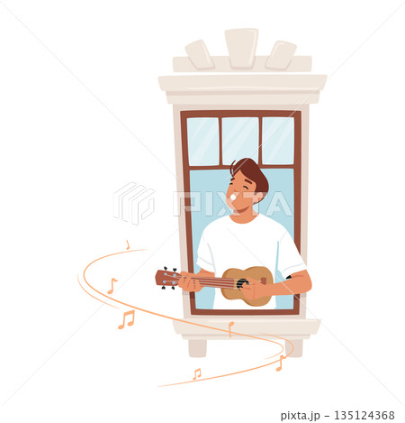 Man Passionately Strums His Guitar In Window, Bathed In Warm Light. His Music Resonates With Emotion Vector Illustration 135124368