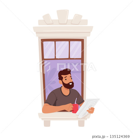Man Sips Coffee, Engrossed In His Newspaper, Framed By The Window. A Tranquil Morning Moment Captured 135124369