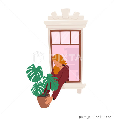 Woman Stands By the Window with A Lush Houseplant In Her Hands. Neighbor Female Character Stretching Pot Woman Stands By the Window with A Lush Houseplant In Her Hands. Neighbor Female Character Stretching Pot 135124372