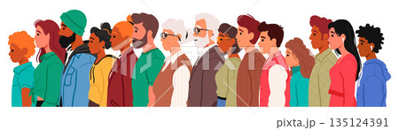 Characters Standing In Profile Face Sideways With Their Bodies And Faces Turned To One Side, Vector Illustration Characters Standing In Profile Face Sideways With Their Bodies And Faces Turned To One Side, Vector Illustration 135124391