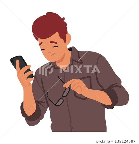 Man With Vision Problems Struggles To Use A Smartphone, Male Character Holding Glasses And Mobile, Squinting And Tapping 135124397