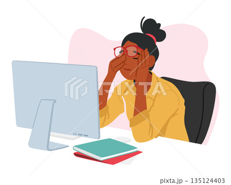 Young Woman In Office Clothes And Glasses Sits At Table With Computer, Rubbing Her Tired Eyes, Vector Illustration Young Woman In Office Clothes And Glasses Sits At Table With Computer, Rubbing Her Tired Eyes, Vector Illustration 135124403