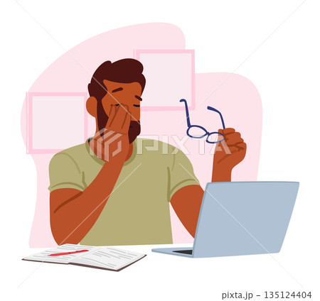 Man Character Sits At A Table, Holding Glasses In One Hand And Rubbing His Tired Eyes With The Other Vector Illustration Man Character Sits At A Table, Holding Glasses In One Hand And Rubbing His Tired Eyes With The Other Vector Illustration 135124404