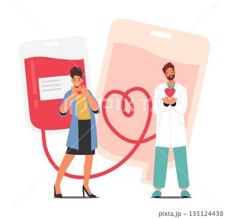 Doctor and Donor Characters Showing Heart Symbol. Donating Blood Helps Save Lives, Concept for World Donors Day Doctor and Donor Characters Showing Heart Symbol. Donating Blood Helps Save Lives, Concept for World Donors Day 135124438