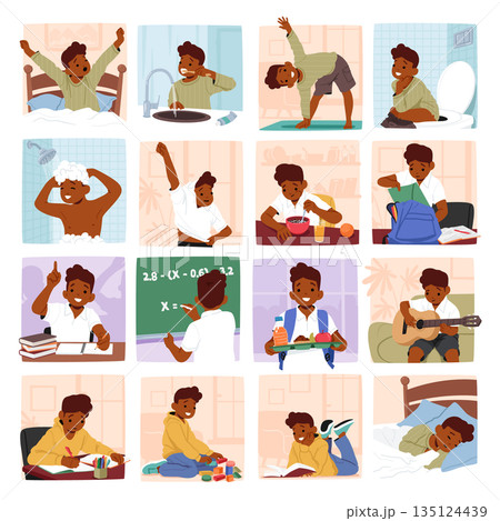 Little Boy Daily Routine. Child Character Wake Up, Brushes Teeth, Exercise, Eat Breakfast, Get Dressed, Visiting School 135124439