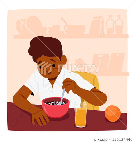 Boy Sits At Table, Munching Cereal, Sipping Juice. Morning Sunlight Streams In, Creating A Warm, Cozy Scene 135124446