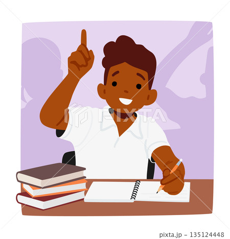 In The Classroom, The Schoolboy Character Raises His Hand Eagerly, Seeking The Teacher Attention To Contribute Or Ask In The Classroom, The Schoolboy Character Raises His Hand Eagerly, Seeking The Teacher Attention To Contribute Or Ask 135124448