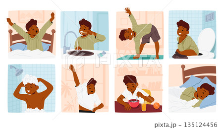 Little Boy Daily Routine. Character Wake Up, Brushes Teeth, Visiting Toilet, Exercising, Eating Breakfast, Get Dressed Little Boy Daily Routine. Character Wake Up, Brushes Teeth, Visiting Toilet, Exercising, Eating Breakfast, Get Dressed 135124456