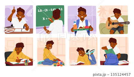 Boy Character School Day Routine. Student...のイラスト素材 [135124457] - PIXTA