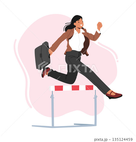 Business Woman Character Running On Stadium Track Holding Briefcase In Hand. Successful Businesswoman 135124459
