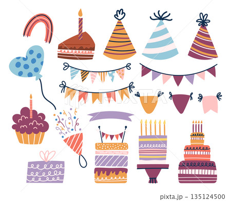 Vibrant Set Of Birthday Celebration Items, Featuring Colorful Balloons, Party Hats, Confetti, And A Dazzling Cakes Vibrant Set Of Birthday Celebration Items, Featuring Colorful Balloons, Party Hats, Confetti, And A Dazzling Cakes 135124500