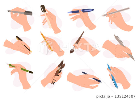 Set Of Human Hands Holding Various Writing Tools Such As Pencil, Pen Or Marker, Quill Pen And Paintbrush 135124507